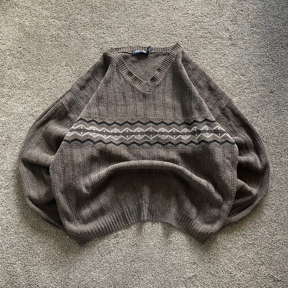 Mens Cherokee V-Neck Sweater Large Brown Excellent Fair Isle Textured Knit